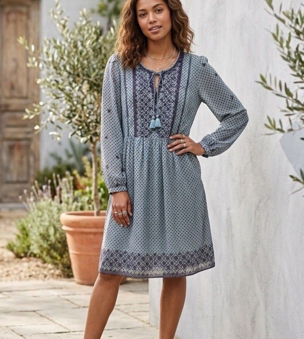 Boho Chic Embroidered Mini Dress Tassel Tie Prairie Aesthetic Small Long Sleeve